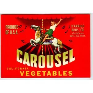 Carousel Girl On Amusement Park Ride California Vegetable Label Original 1940's
